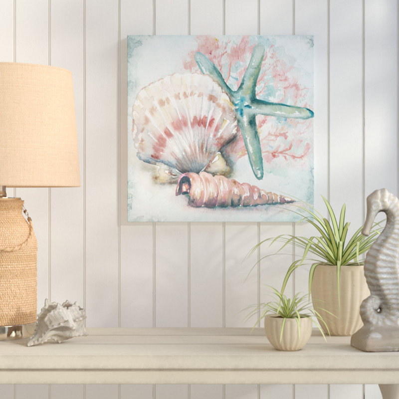 « sea coquillages iv », reproduction de peinture à l’aquarelle sur toile tendue, H 48 po x l 48 po