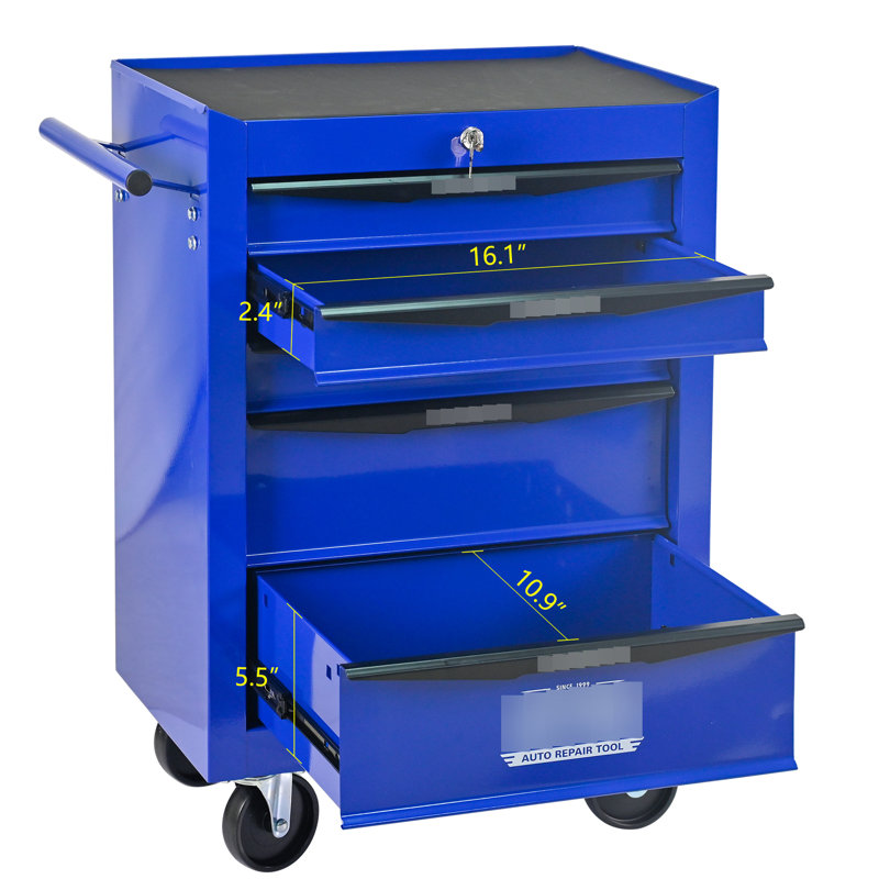 Chariot à outils multifonctionnel à 5 tiroirs, coffre en acier, glissières à roulement de chargement de 15 kg, 4 roulettes avec 2 mécanismes de verrouillage pour une manipulation facile 20 po - coffre en métal pivotant 2 freins, protection efficace des clés