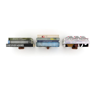 3 tablettes murales, finition noyer, support d'exposition en métal, étagères en bois, conception pliante, ensemble d'élégance moderne, nuance, porte-affiche, élément artisanal, flair