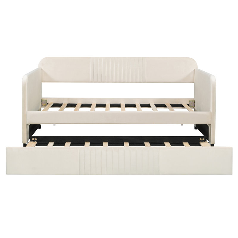 Canapé-lit rembourré de taille simple avec lit gigogne et lattes de bois, beige, Beige