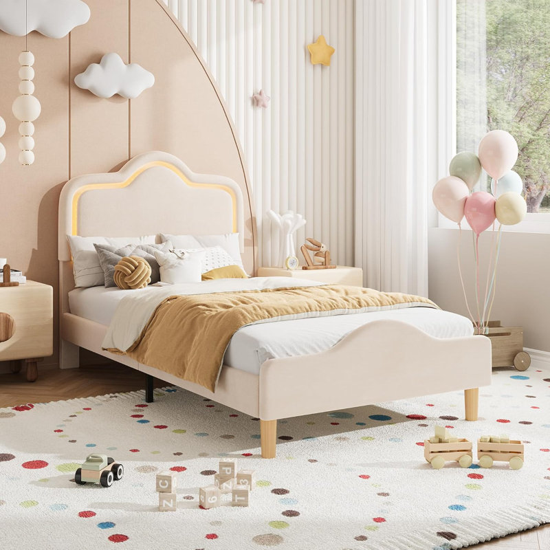 Structure de lit simple tapissier avec DEL, tissu de velours, tête et pied de lit réglables, lit plateforme pour enfants, beige
