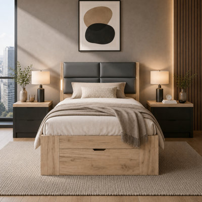 Natural Oak Effect Wooden Bed with 3 Drawers & LED Reading Light
