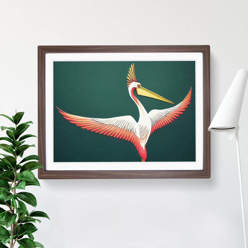 Retro Pelican - Single Picture Frame Painting, 34cm H x 46cm W x 2cm D, Walnut Framed