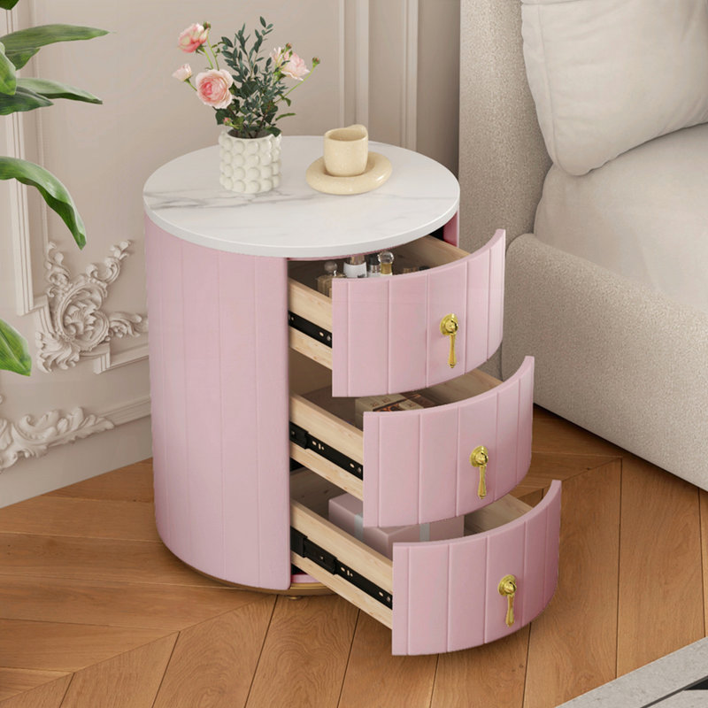 Upholstered Nightstand with 3 Drawers, Individual, Pink