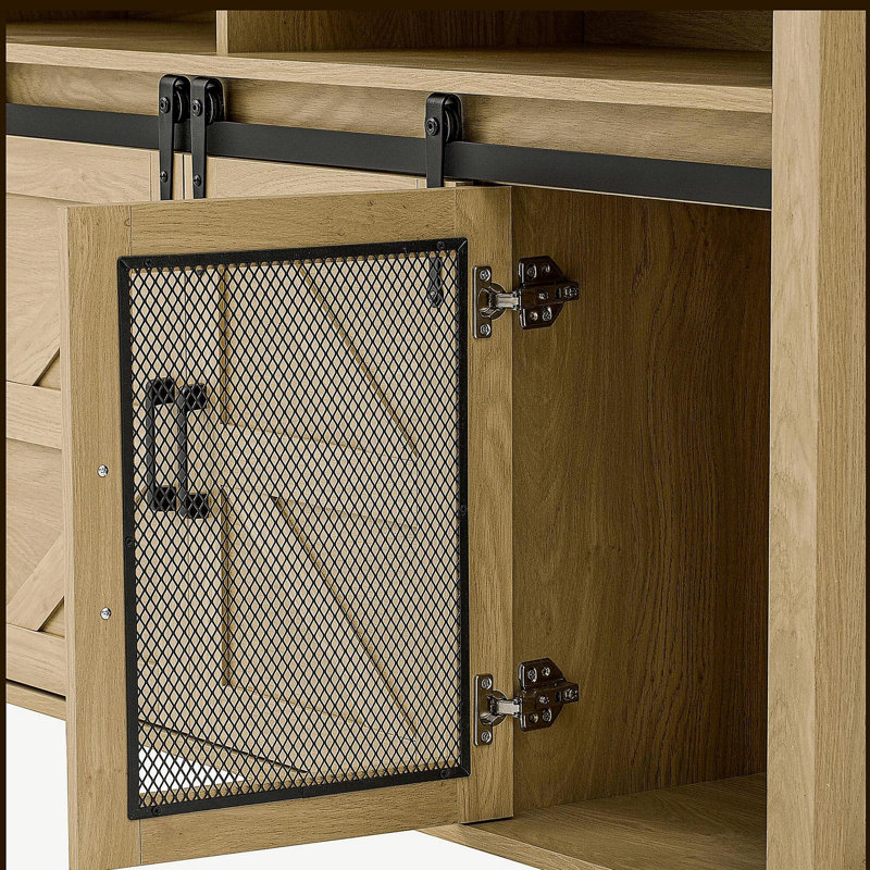 Buffet avec porte de grange coulissante et panneaux grillagés, buffet de ferme avec rangement ouvert, Naturel