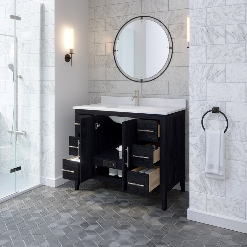 Vance Solid Wood 60" W x 22" D Espresso Oak Double Sink Bathroom Vanity with Diamond Quartz Top, Power Bar with USB, Drawer Organizer, Undermount Ceramic Sink, Pre-Assembled 