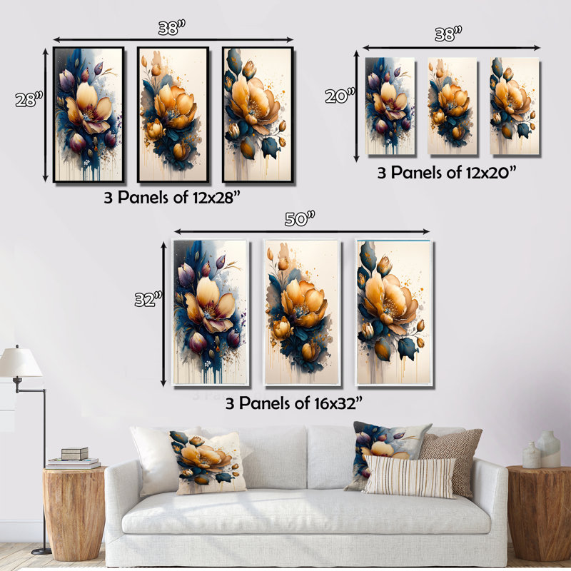 Orange et bleu fleurs de crocus - ensemble de 3 impressions, Cadre flottant doré, H 40 po x l 60 po