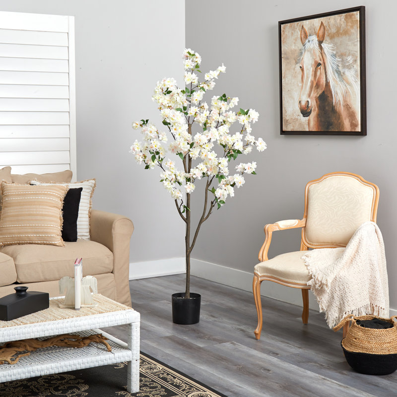 Faux Cherry Blossom Tree in Planter, White, 72" H x 31" W x 10" D