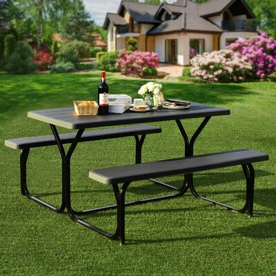 Patiojoy Outdoor Picnic Table Bench Set Patio Camping Table W/steel Frame & Wood Texture Tabletop For Garden Black -  Arlmont & Co., 364D15033C7C41898C3CD2D6FD2557F8