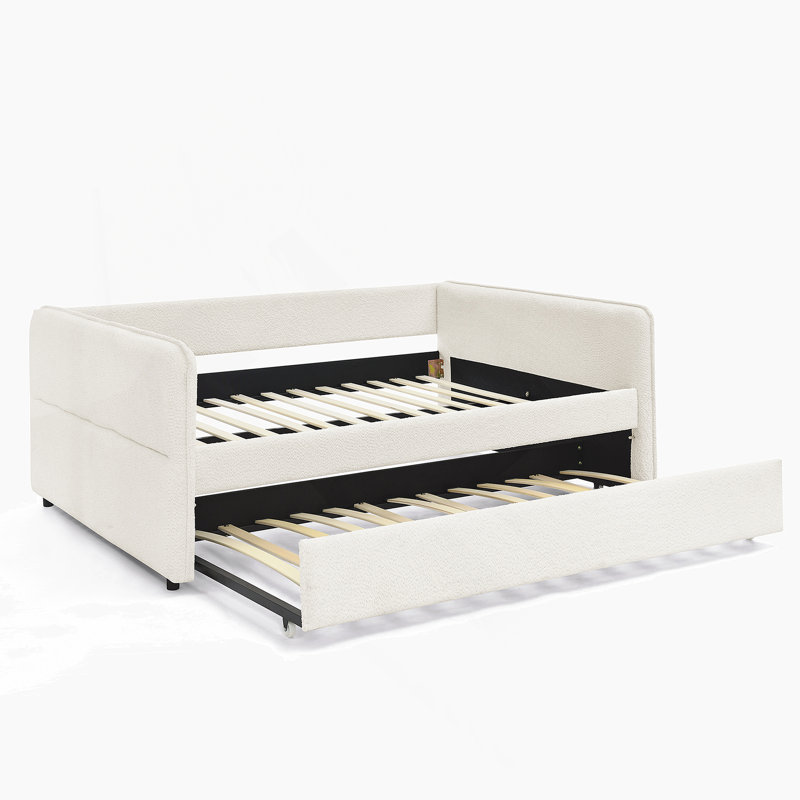 Lit de jour avec canapé-lit rembourré capitonné, taille double, tissu velours, beige (83 po x 58,5 po x 29,5 po)