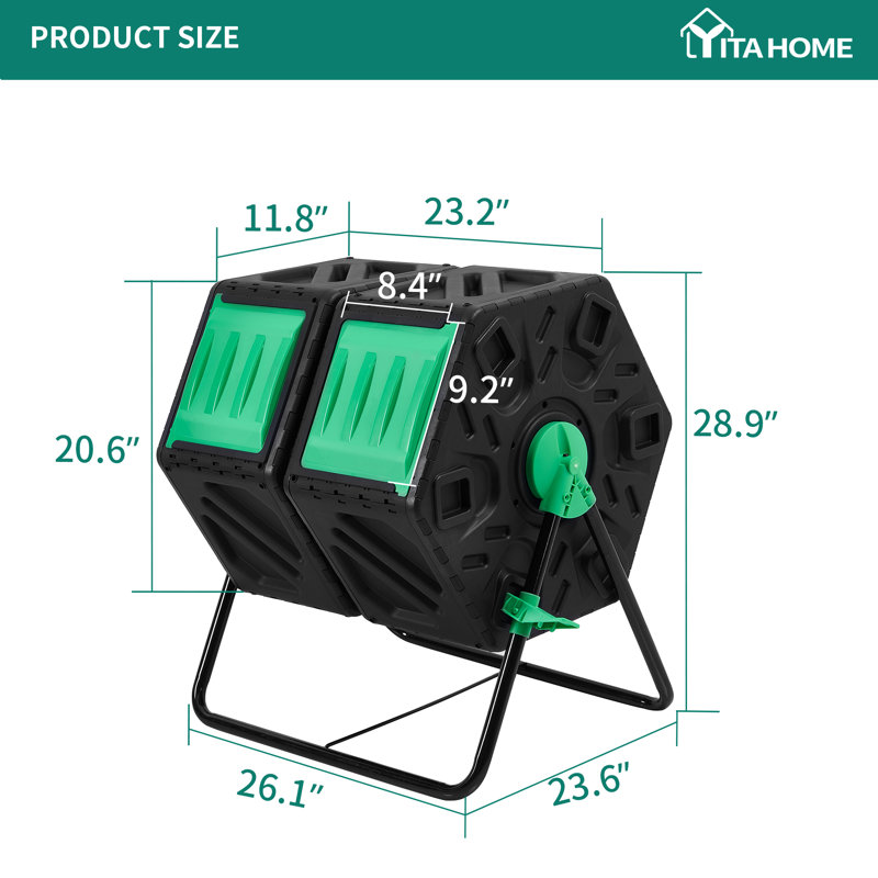 34 gallons Grand composteur culbuteur extérieur à double chambre, Noir / Vert