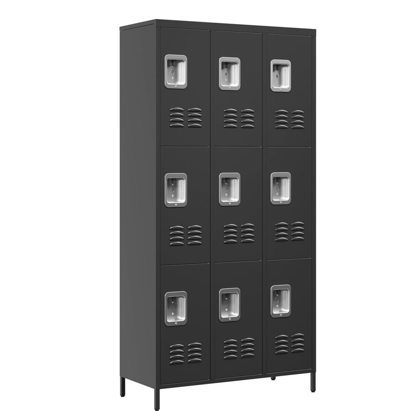 9 casiers en métal de H 72 po à 9 portes - Armoire de rangement pour divers environnements de bureau, de gymnase, de coffre-fort noir spacieux et de maison