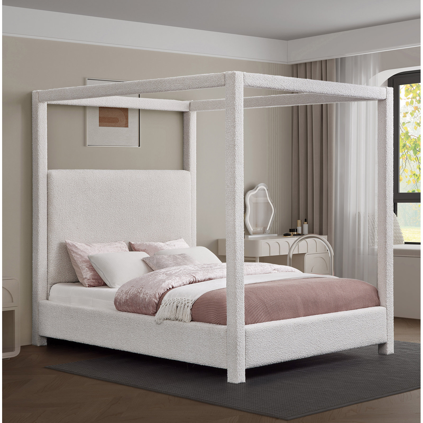 Upholstered Canopy Bed, King, Cream Boucle Fabric
