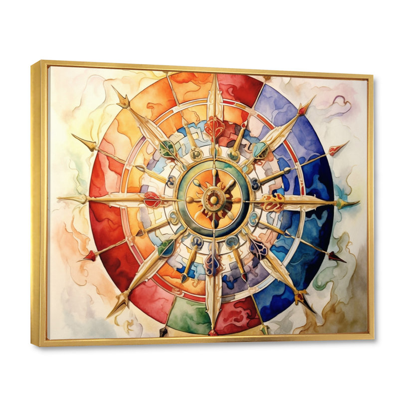 La roue religieuse du dharma sur toile, H 24 po x l 32 po x P 1 po, Cadre flottant doré