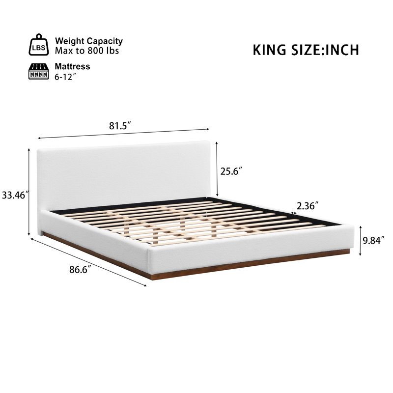 Elegant White Fabric Upholstered Bed With Nice Wood Grain Textured Solid Wood Base Frame,White,King