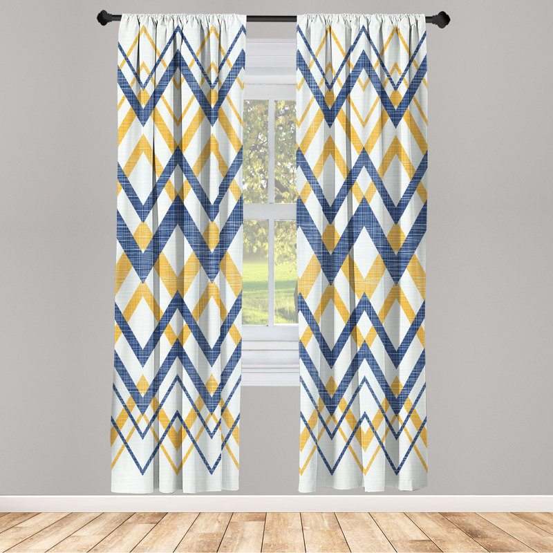 Rideaux à chevrons Ebern Designs, art zigzag rétro, paire de 28 po, bleu nuit, L 28 po x L 84 po