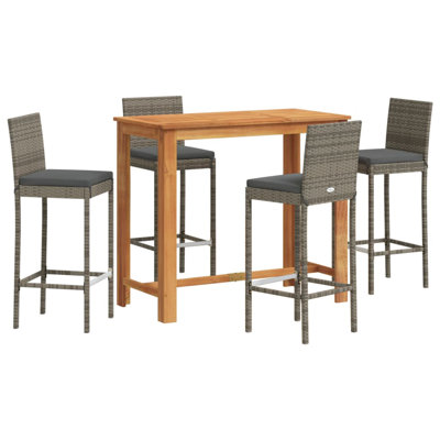 5 Piece Outdoor Bar Dining Set Acacia Wood PE Rattan Black Cream Cushions 47.2 Inch Table