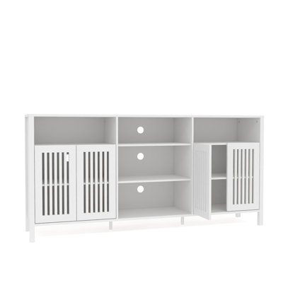 Ce meuble télé de style Mid-Century moderne peut accueillir un téléviseur de 70 pouces, un centre de divertissement à tablettes ouvertes multi-tiroirs avec amplement de rangement pour le salon et la chambre à coucher et l'organisation multimédia