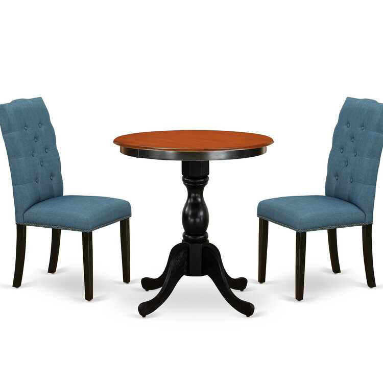 L'ensemble de mobilier de salle à manger 3 pièces comprend une table de salle à manger ronde avec piédestal et 2 chaises rembourrées en tissu bleu, noir et cerise