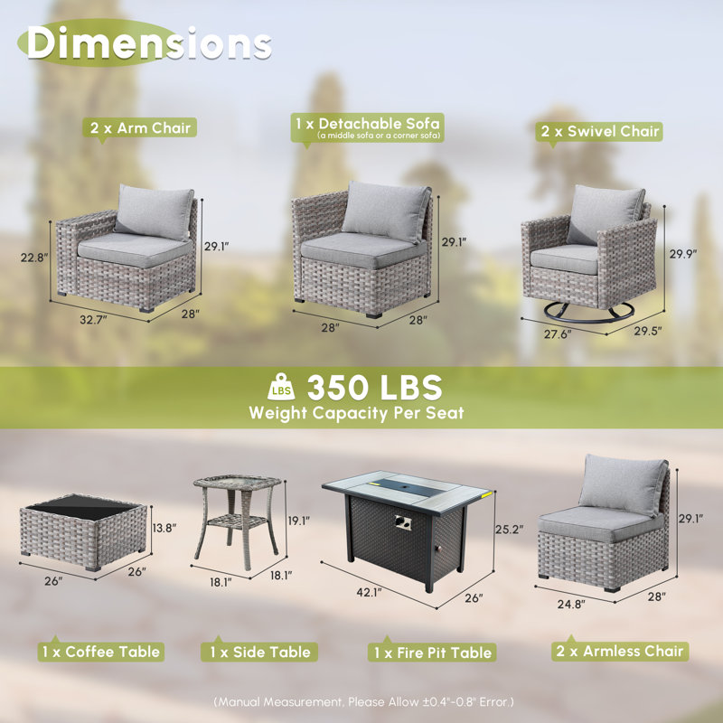 7 - Person Patio Furniture Set with Swivel Rocker, Outdoor Wicker Rattan Sectional Seating Group with Cushions, All Weather Sofa Conversation Set with Fire Pit Table for Garden Backyard