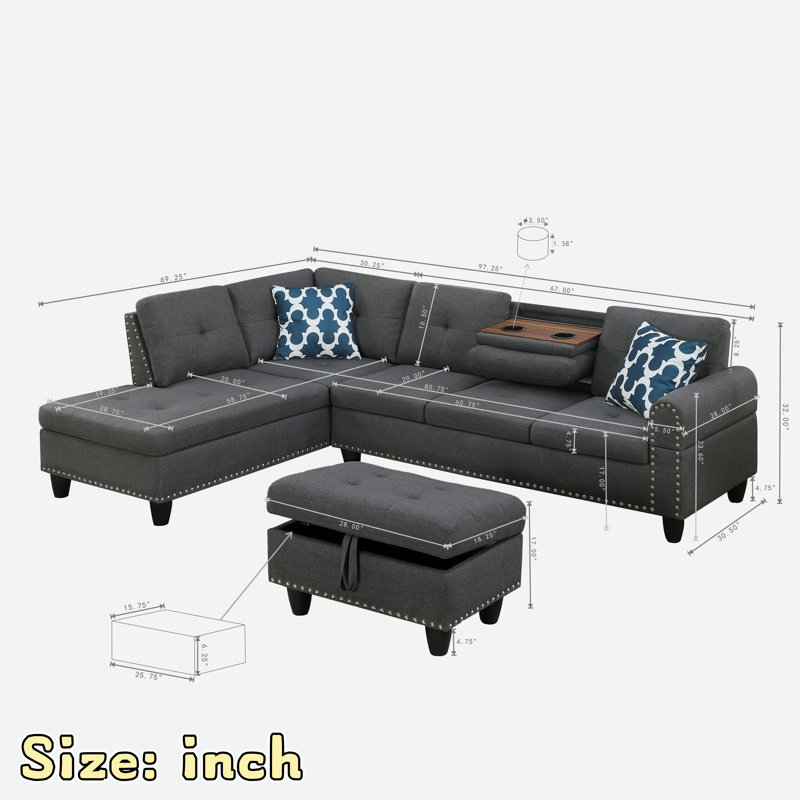 Faux Leather L - Shaped Sectional Sofa With Nailhead Trim And Cup Holders And Storage Ottoman, Black