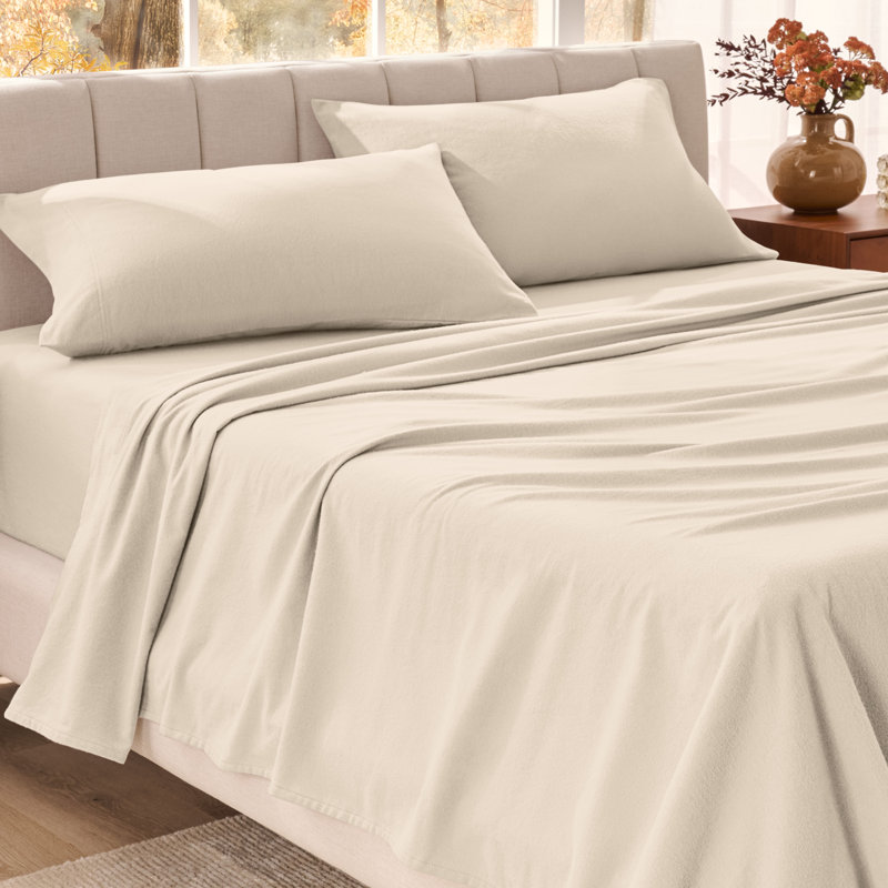 Organic 100% Cotton Flannel Sheet Set, Sand, Full XL Sheet Set with 2 Pillowcases