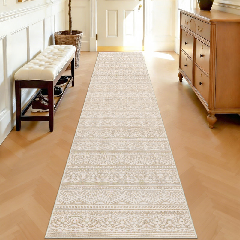 Rug Runners Washable - Moroccan Hallway Runner Rug Non Slip Kitchen Runner Low Pile Soft Indoor Floor Mat Front Door for Bedroom Entryway Laundry Beige