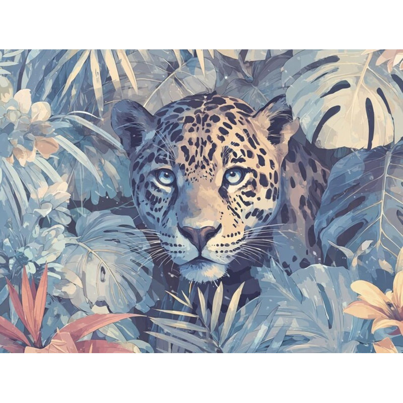Murale léopard, feuilles tropicales, faune exotique, nature, L 204 po x l 114 po
