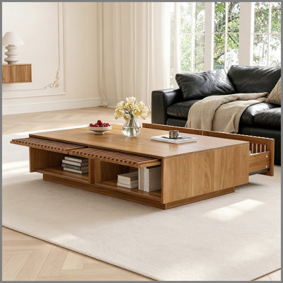 Table basse en bois massif de style Mid-Century moderne avec tiroirs de rangement à lattes, table basse rectangulaire en bois à profil bas, table de rangement cachée de style maison de campagne pour le salon