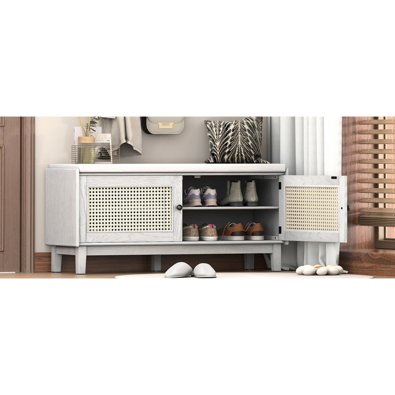 Style bohémien, banc de rangement, pied réglable, 4 compartiments divisés, 3 niveaux réglables, gris délavé, portes d'entrée beige, sièges rembourrés, intérieur élégant, capacité de 200 lb, beige, délavé