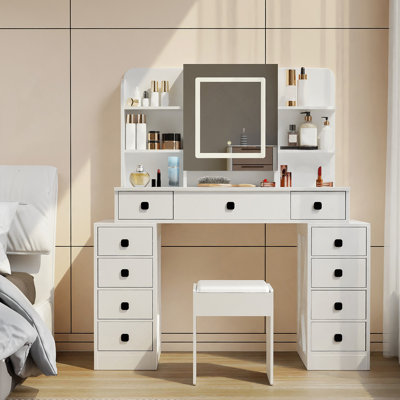 Bureau de coiffeuse de ferme avec miroir coulissant, lumières et station de charge, bureau de table de maquillage avec lumière DEL à intensité variable