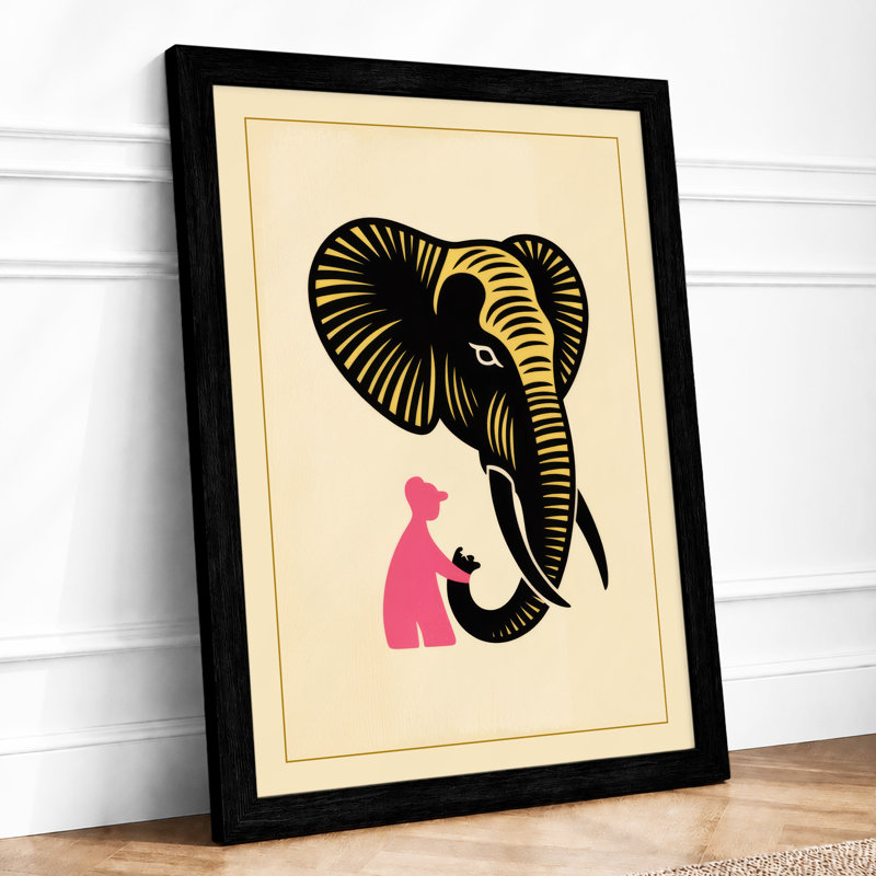 Figure Beneath Elephant Minimalist - Framed Print, A3 - 42.0 x 29.7 cm, Black