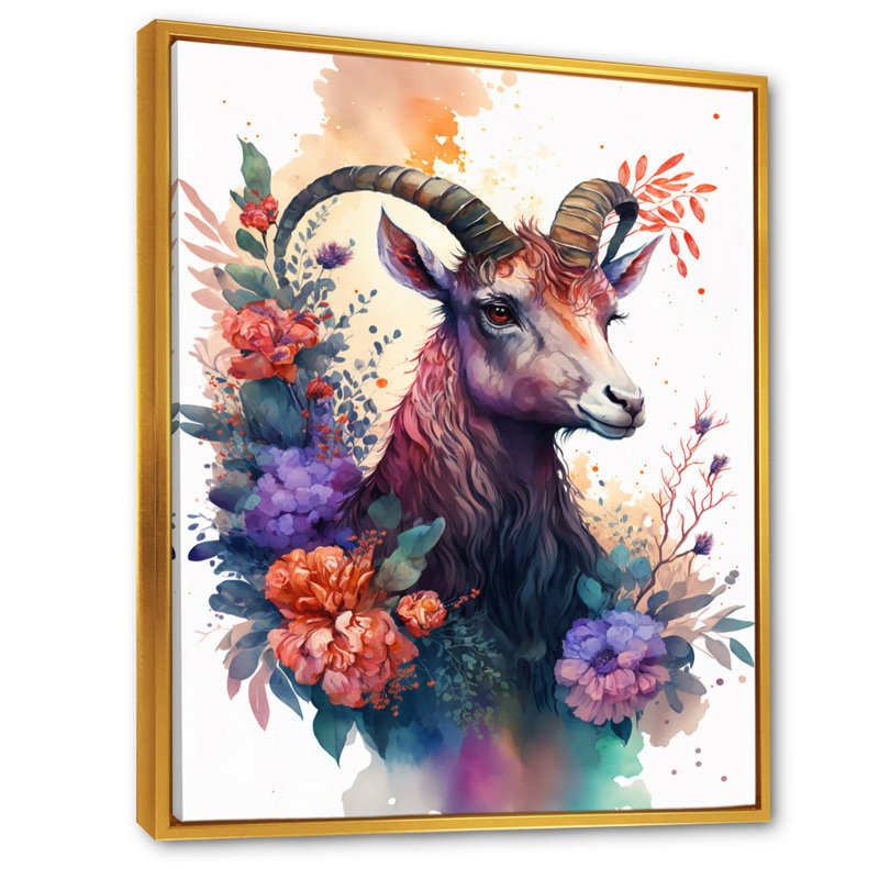 «Cute Goat Floral Art I», peinture sur toile, H 32 po x l 16 po x P 1 po, Toile avec cadre flottant or