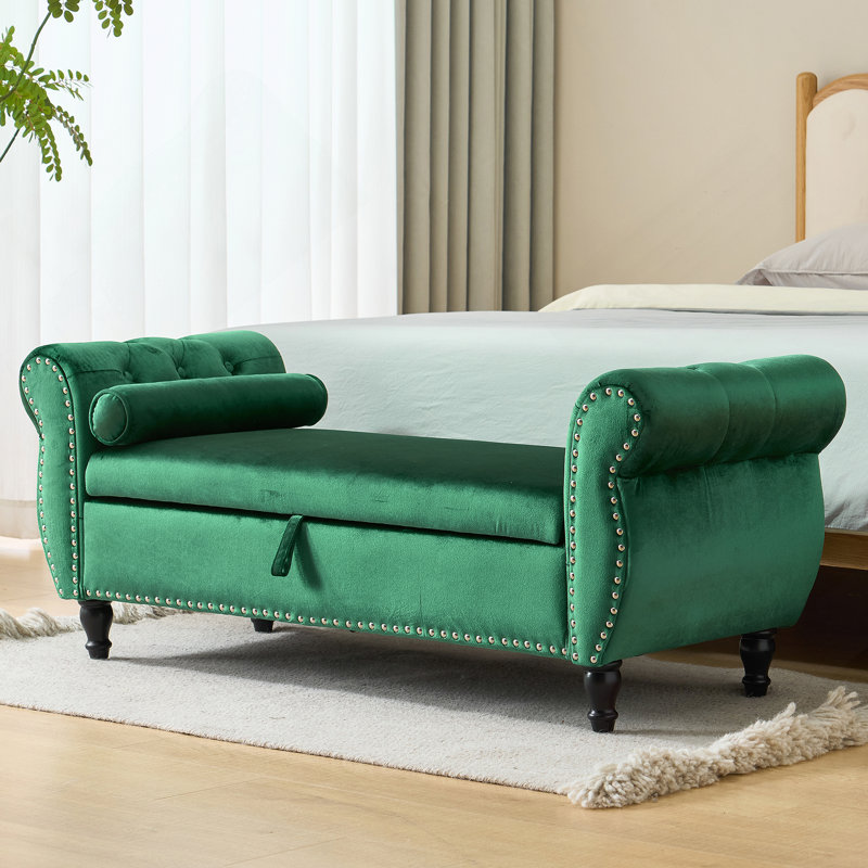 Banc repose-pieds rectangulaire en velours avec rangement et 1 coussin, vert foncé, émeraude, Émeraude