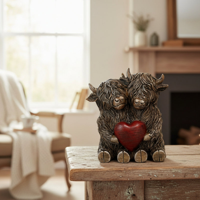 Two Highland Cows Heart Rustic Farmhouse Polyresin Decorative Figurine