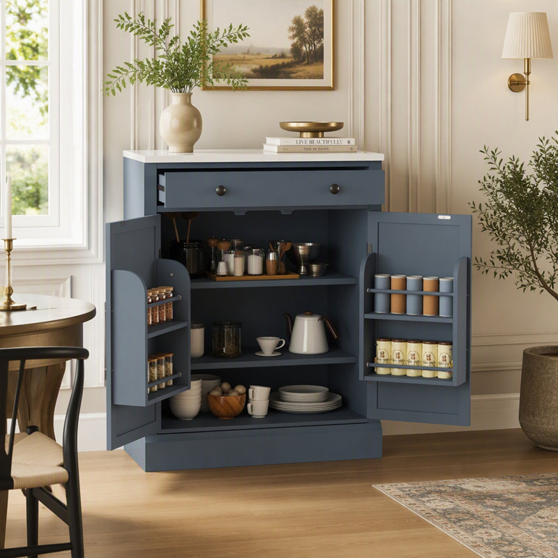 Garde-manger autoportant moderne avec tablettes réglables, tiroir et porte pour un rangement et une organisation efficaces, ensemble de 2