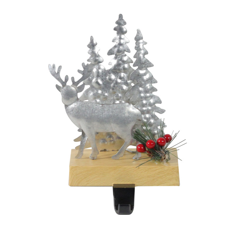 Porte-chaussette de Noël 8,5 po en métal galvanisé argent et brun avec arbres