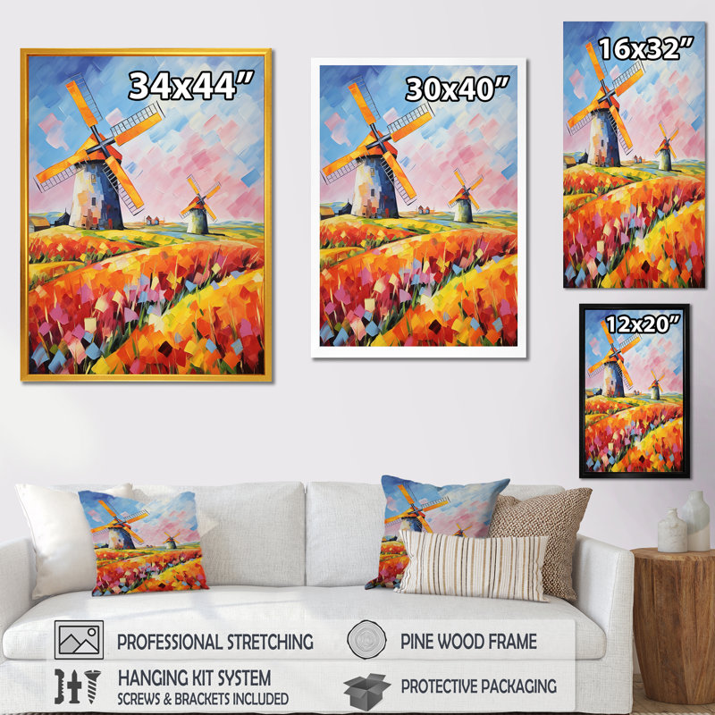 «Colorful Flower Meadow Windmills I - Wind Turbines», art mural, White Picture Framed, 20" H x 12" W