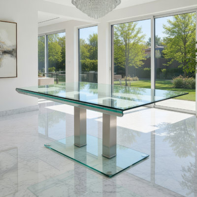 Table de salle à manger en métal et verre avec base à piédestal double, chrome