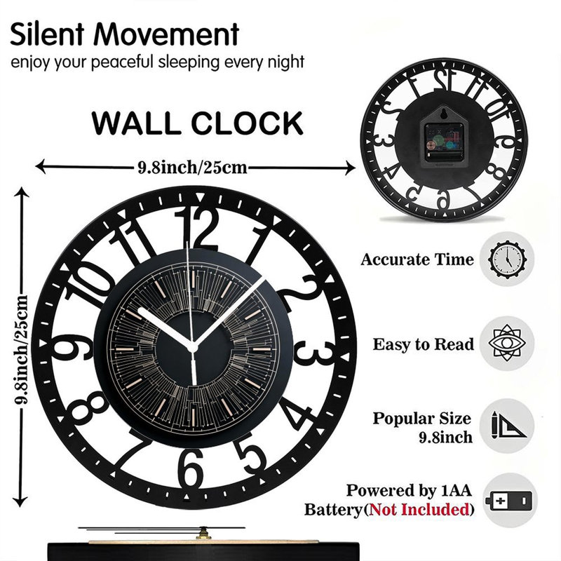 Horloge murale ronde en fer 10 po avec mouvement à quartz silencieux, chiffres arabes, impression UV, Beige