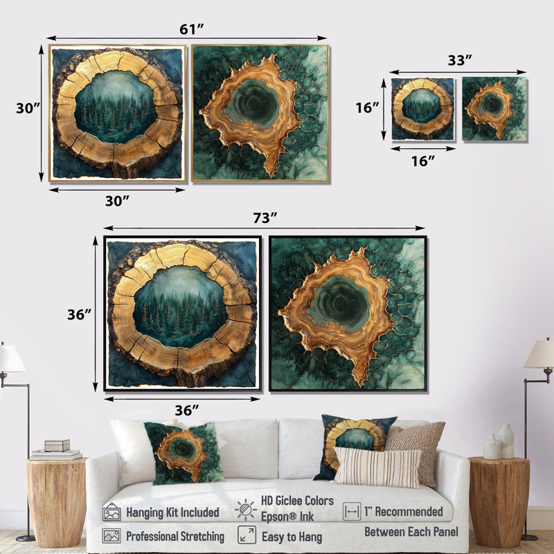 Forêt émeraude ondulant à travers les bois II - Art mural forêt - décoration murale traditionnelle 2 pièces, 16" H x 33" W