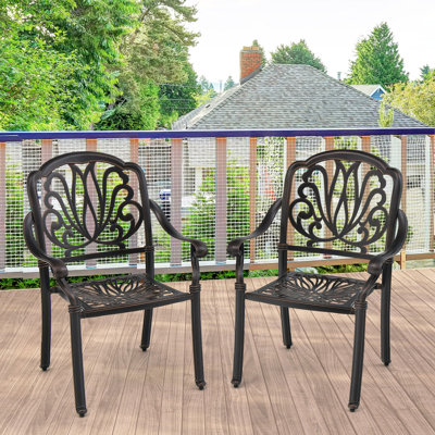 Astoria Grand 2pcs Patio Cast Aluminum Dining Chairs Armrests Outdoor Stackable Bronze
