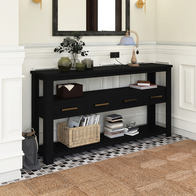 Console 62,2 po avec 4 tiroirs en bois peint, Noir