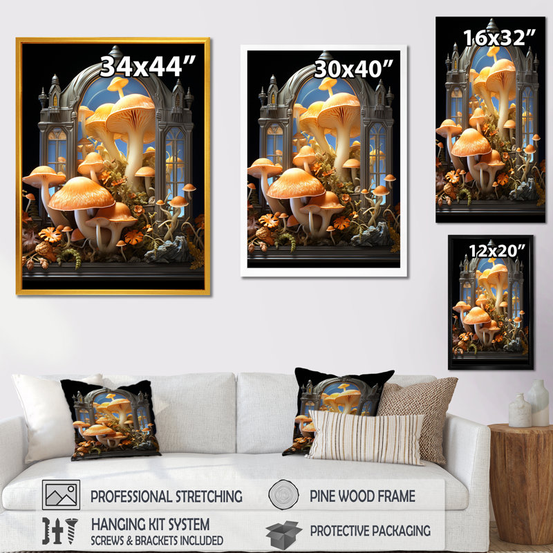 Champignon jaune fantaisie - Art mural champignon, H 32 po x l 24 po x P 1 po