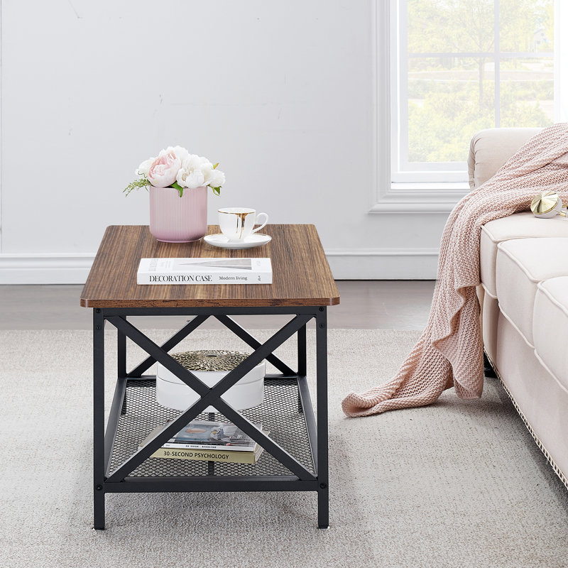 Industrial Style Coffee Table, MDF Wood Top with Sturdy Metal Frame, Brown Top/Black Base