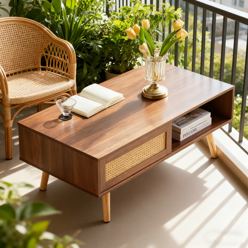 Table basse de salon en rotin pe noyer - table de salon 41,34 po avec rangement coulissant et pieds en bois massif (capacité de 220 lb)