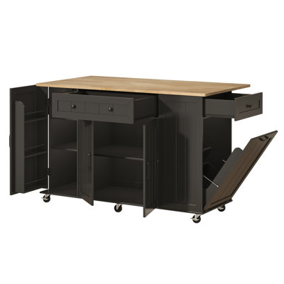 59" Rolling Mobile Kitchen Cart With Drop Leaf & Hidden Trash Storage Cabinet, Rubber Wood Top Kitchen Island Table On Wheels With Drawer And Storage Cabinet, Towel Rack, Spice Rack, Lockable Casters, Power Outlet For Kitchen