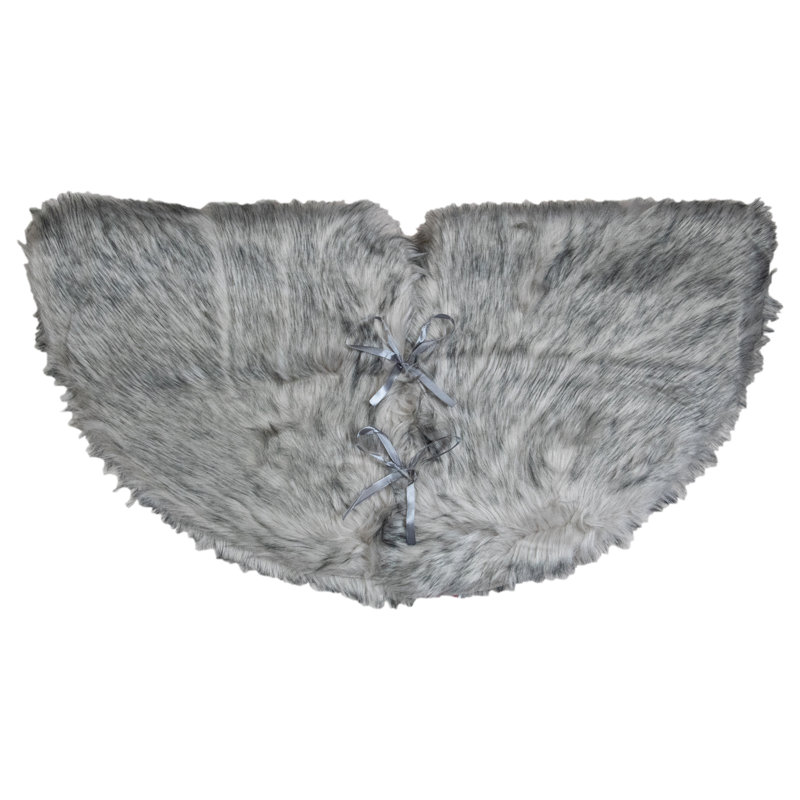 Beige and Gray Faux Fur Holiday Christmas Tree Skirt, 36" Diameter