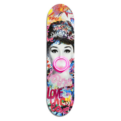 Elegant Neon Portrait on Skateboard Deck Hand Embellished Neon Wall Art - 8" x 31"