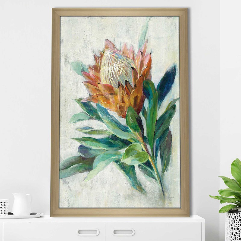 Protea - Peinture, H 27,5 po x l 21,5 po x P 0,75 po, Encadrement champagne